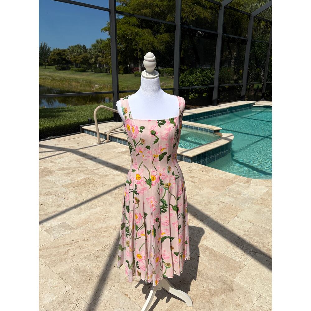 Oscar de la Renta Painted Poppies Pleated Cady Midi Dress Pink Floral Size M US6